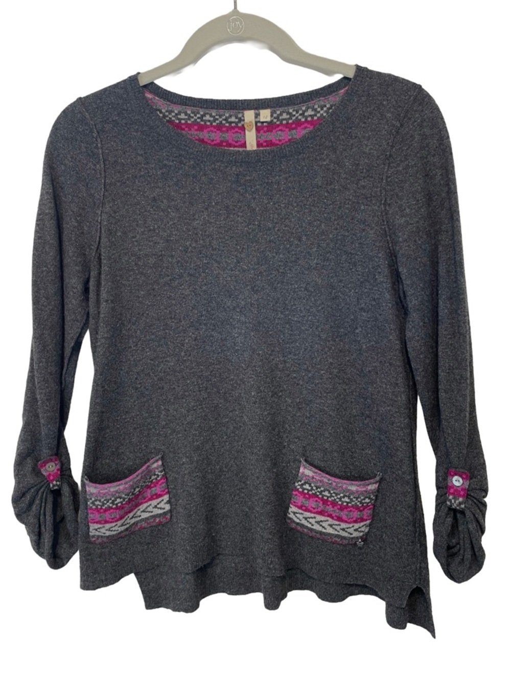 Charcoal Gray Top with Pink & Purple accent pockets Womens Size Petite Small